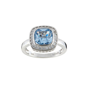 RHODIUM SQUARE BLUE TOPAZ RING