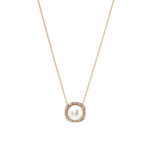 GOLD SQUARE SET CZ & PEARL NECKLACE