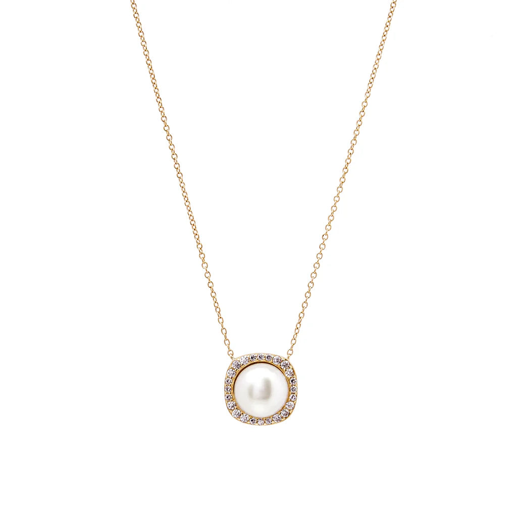 GOLD SQUARE SET CZ & PEARL NECKLACE