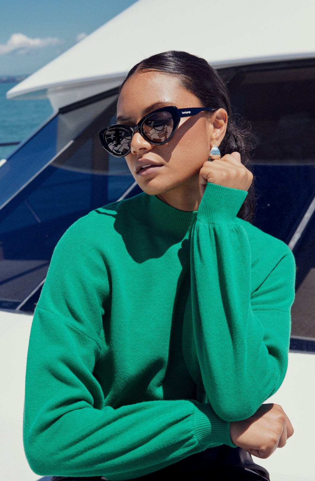 French knit funnel neck emerald